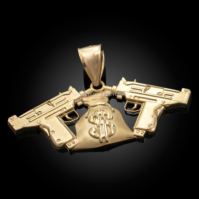 Gold Money Bag Dual Uzi Gun Satin DC Hip-Hop Pendant