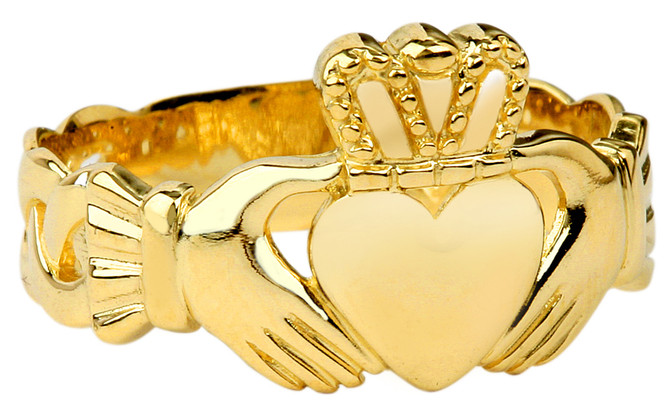 Mens Gold Claddagh Ring with Trinity Band