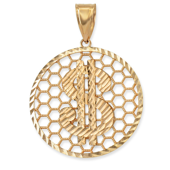 Gold Dollar Sign Round DC Honeycomb Pendant