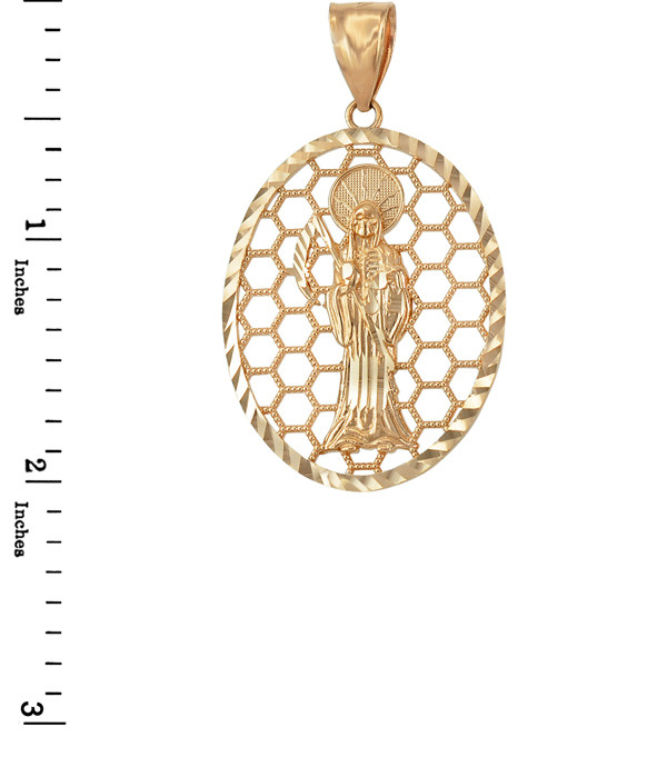 Gold Santa Muerte Oval DC Honeycomb Pendant