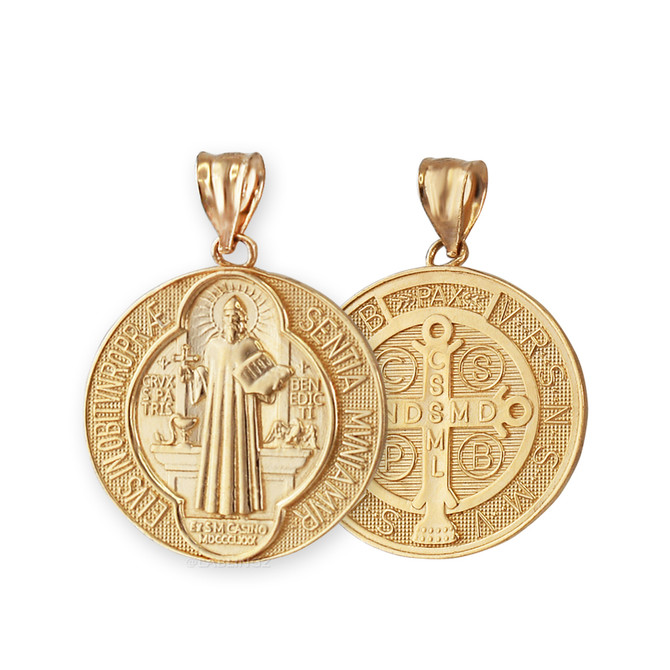 Gold Saint Benedict Medal Reversible Pendant Necklace