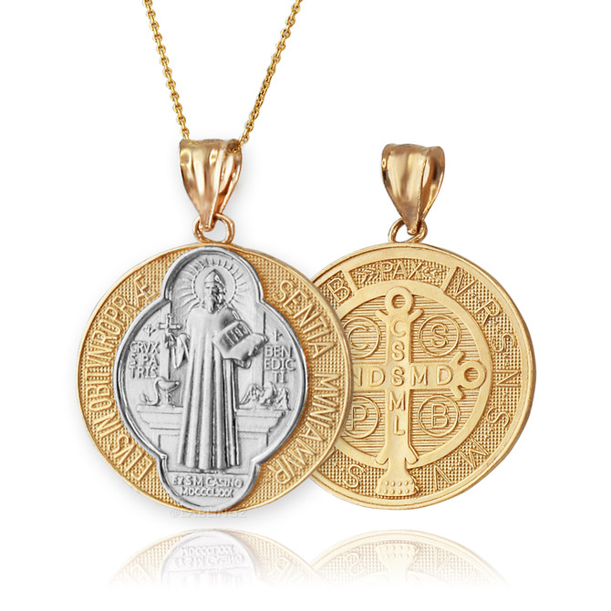 Gold Saint Benedict Medal Reversible Pendant Necklace