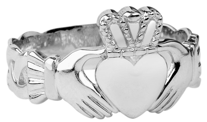 Mens White Gold Claddagh Ring with Trinity Band