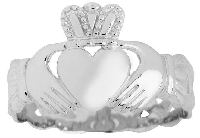 Mens White Gold Claddagh Ring with Trinity Band