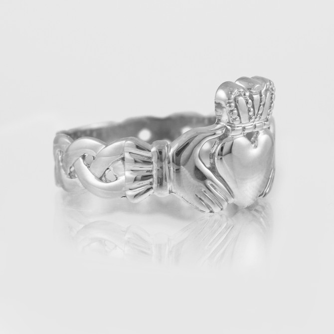 Mens White Gold Claddagh Ring with Trinity Band
