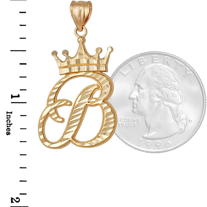 Yellow Gold Cursive Crown Letter Initial Pendant Necklace