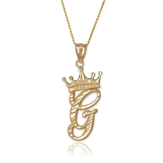 Yellow Gold Cursive Crown Letter Initial Pendant Necklace