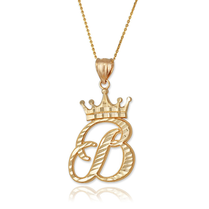 Yellow Gold Cursive Crown Letter Initial Pendant Necklace