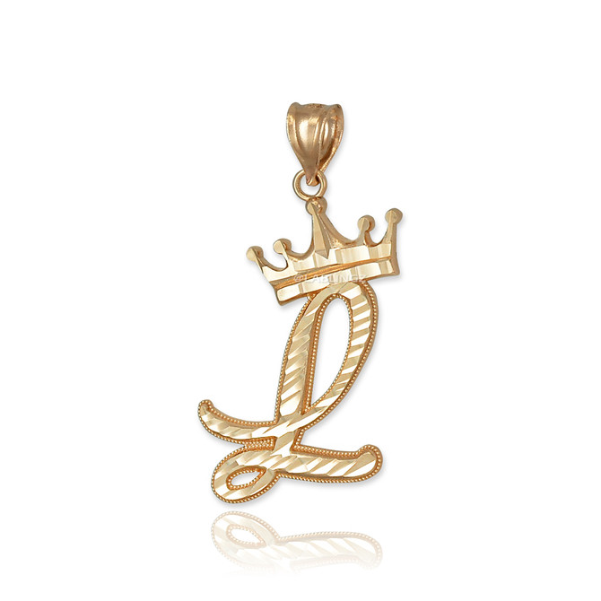 Yellow Gold Cursive Crown Letter Initial Pendant Necklace