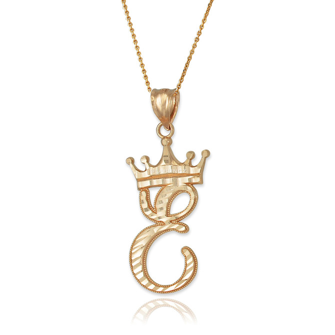 Yellow Gold Cursive Crown Letter Initial Pendant Necklace