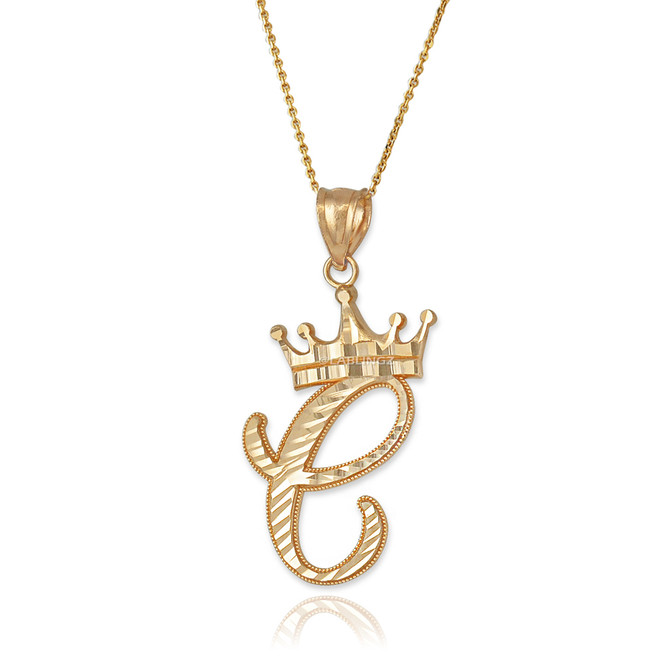 Yellow Gold Cursive Crown Letter Initial Pendant Necklace