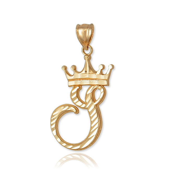 Yellow Gold Cursive Crown Letter Initial Pendant Necklace