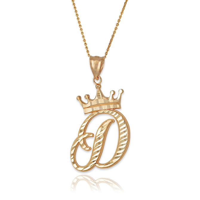 Yellow Gold Cursive Crown Letter Initial Pendant Necklace