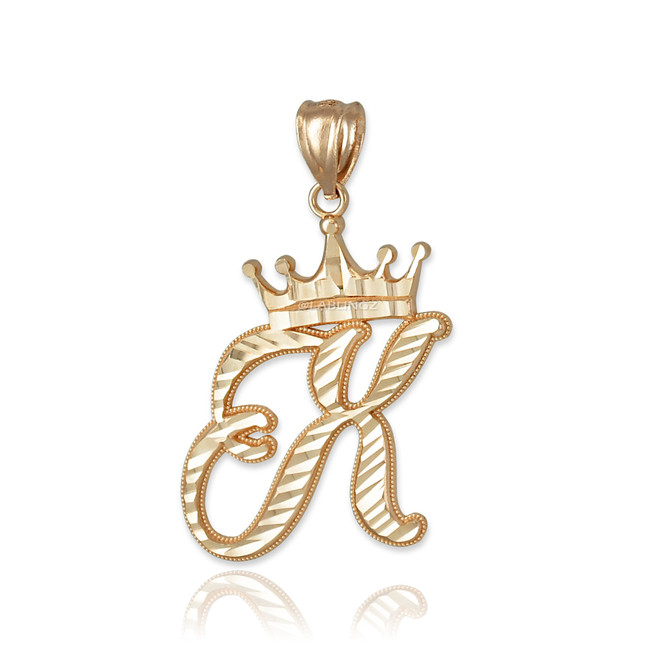 Yellow Gold Cursive Crown Letter Initial Pendant Necklace