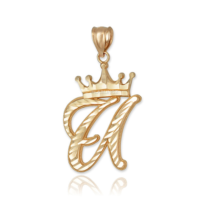 Yellow Gold Cursive Crown Letter Initial Pendant Necklace