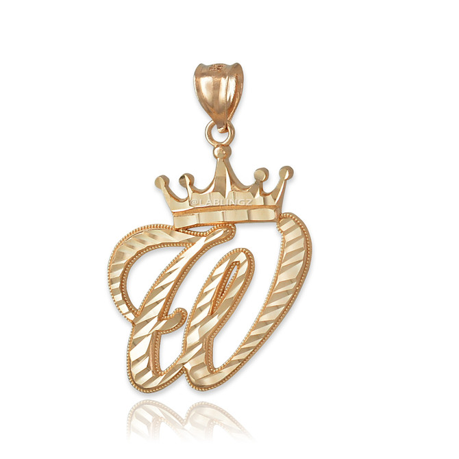 Yellow Gold Cursive Crown Letter Initial Pendant Necklace