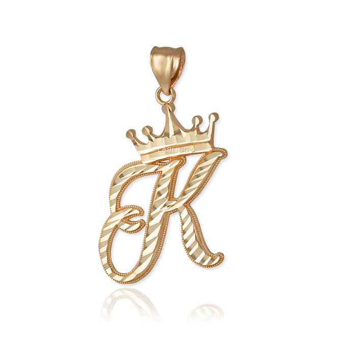 Yellow Gold Cursive Crown Letter Initial Pendant Necklace