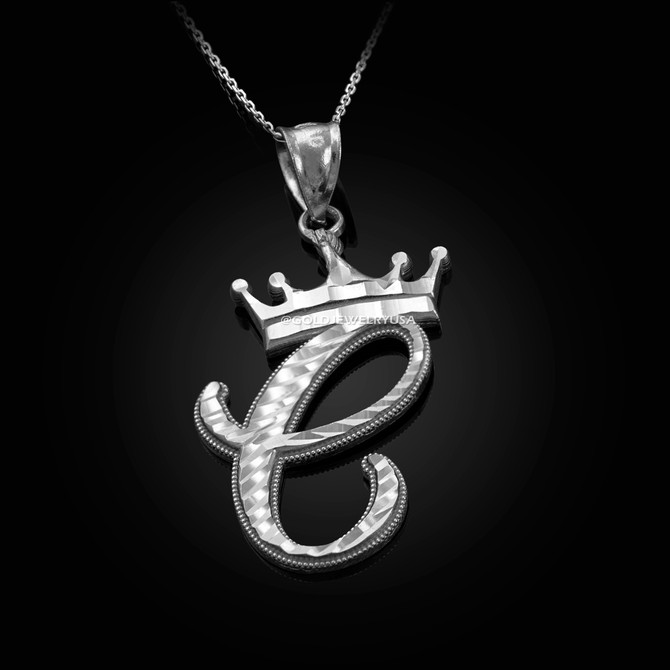 White Gold Cursive Crown Letter Initial Pendant Necklace