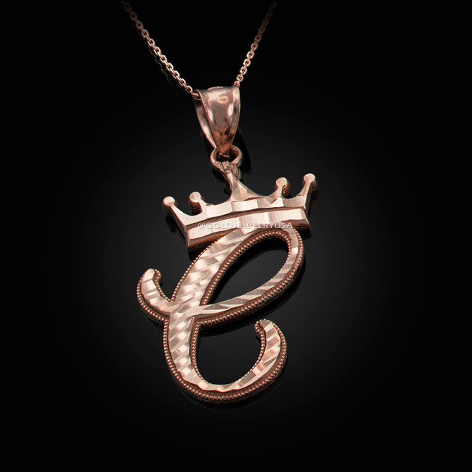 Rose Gold Cursive Crown Letter Initial Pendant Necklace
