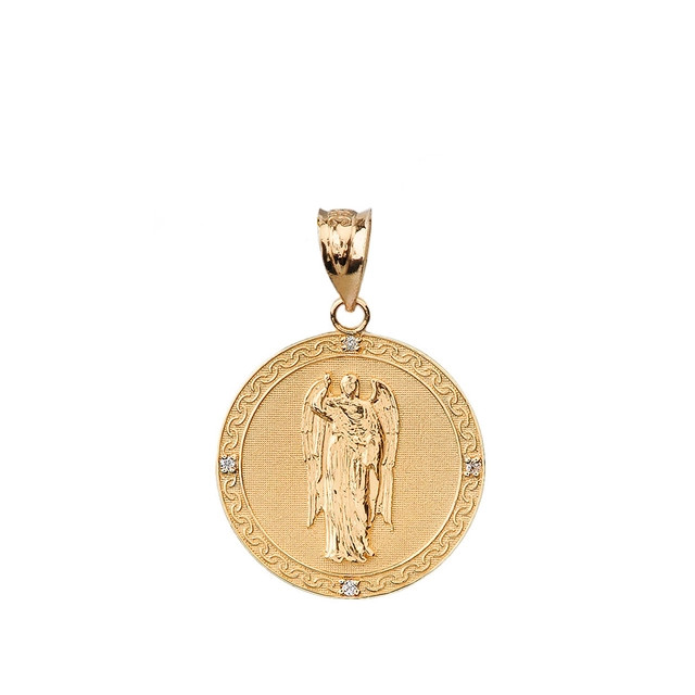 Solid Gold Archangel Saint Gabriel Diamond Medallion Pendant Necklace 1.02"