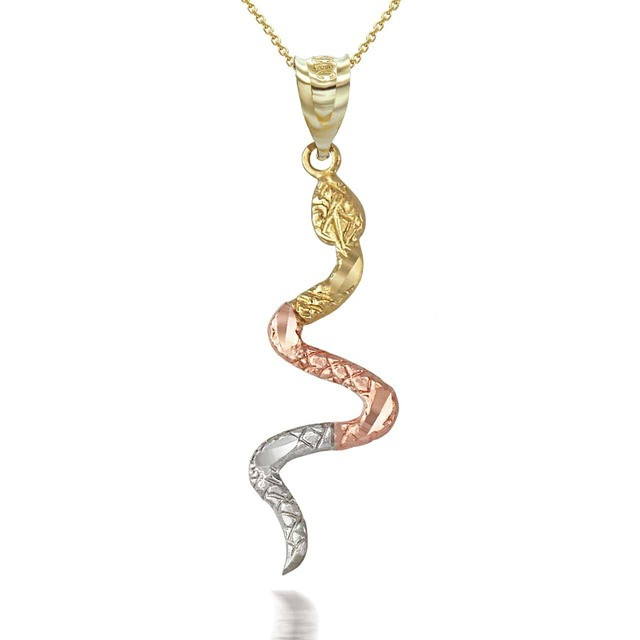 Tri Tone Gold Snake Pendant Necklace