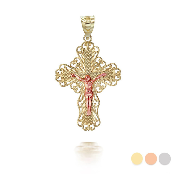 Two Tone Gold Crucifix Filigree Pendant Necklace