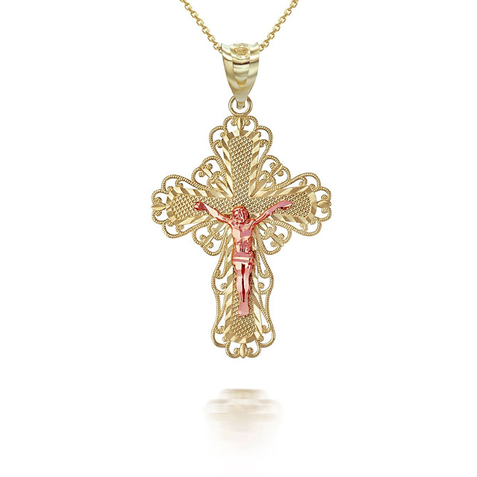 Two Tone Gold Crucifix Filigree Pendant Necklace