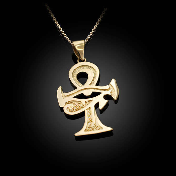 Gold Egyptian Eye of Horus Ankh Cross in Pendant Necklace