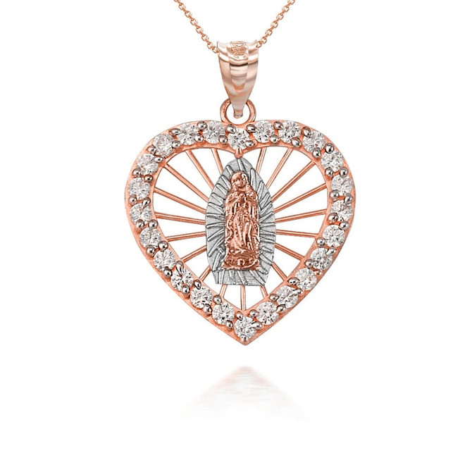 Tri-Tone Gold Our Lady Of Guadalupe Heart With CZ Pendant Necklace