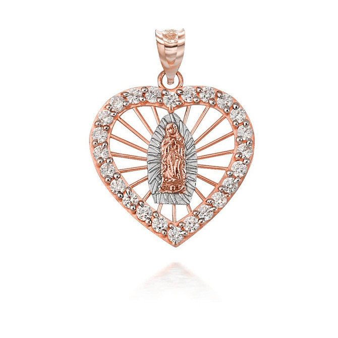 Tri-Tone Gold Our Lady Of Guadalupe Heart With CZ Pendant Necklace