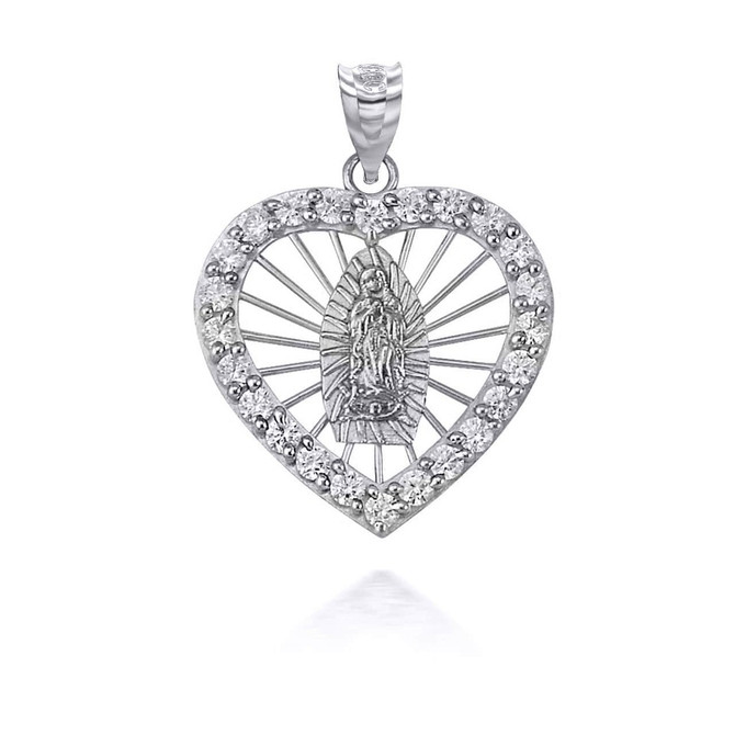 Tri-Tone Gold Our Lady Of Guadalupe Heart With CZ Pendant Necklace