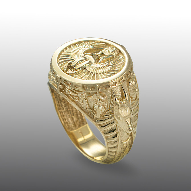 Gold Ancient Egyptian Mythology Scarab Beetle Anubis Horus Ring
