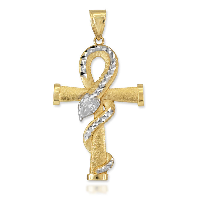 Satin Gold Egyptian Ankh DC Coiled Snake Large  Pendant