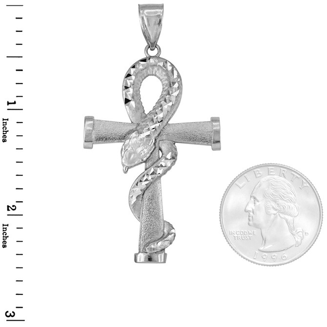 Satin White Gold Egyptian Ankh DC Coiled Snake Pendant (2 sizes)