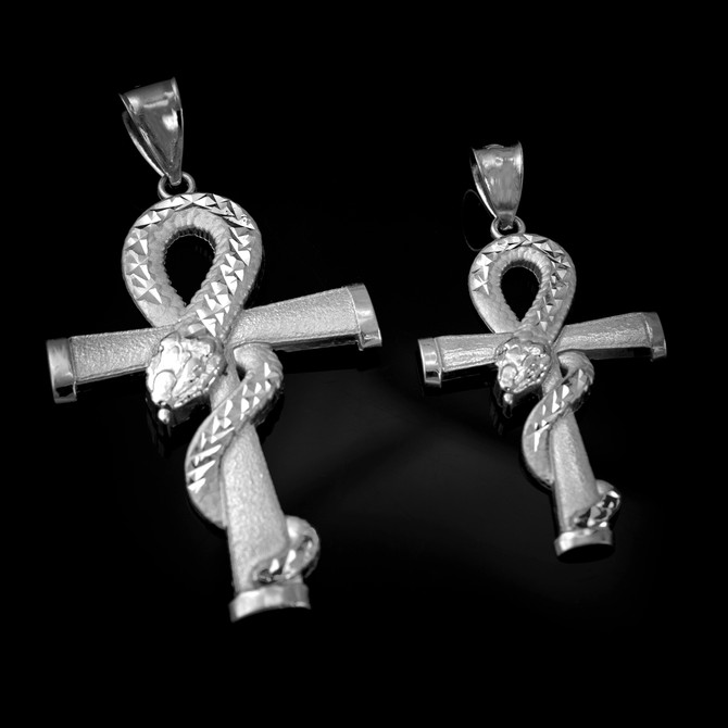 Satin White Gold Egyptian Ankh DC Coiled Snake Pendant (2 sizes)