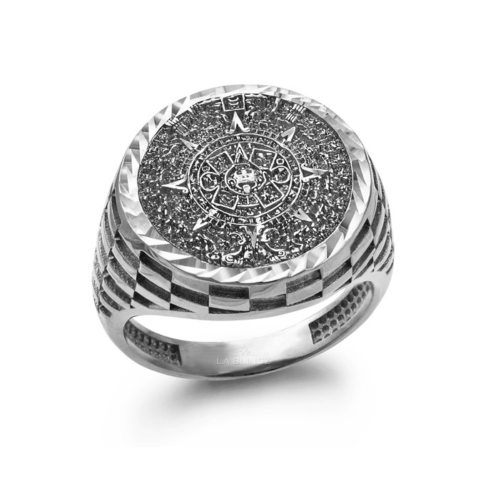 Gold Aztec Mayan Sun Calendar Sparkle-cut Signet Ring