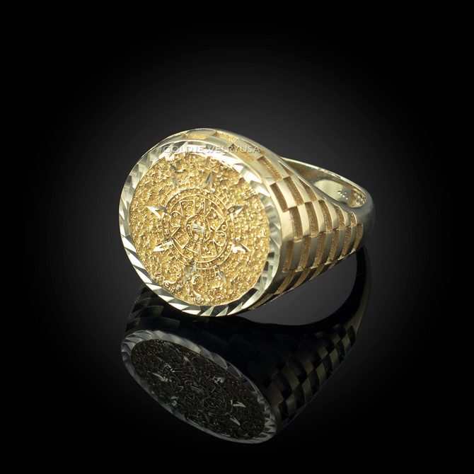 Gold Aztec Mayan Sun Calendar Sparkle-cut Signet Ring