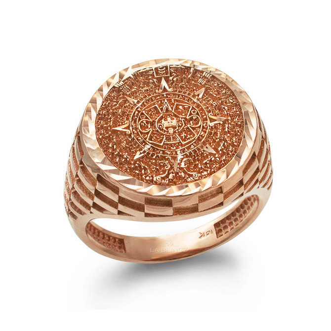Gold Aztec Mayan Sun Calendar Sparkle-cut Signet Ring