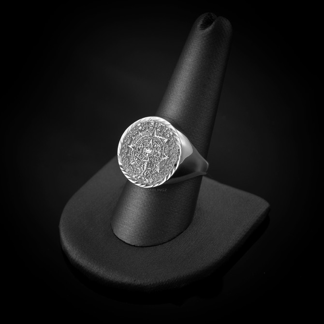 Gold Aztec Mayan Sun Calendar Men's Sparkle-Cut Statement Ring