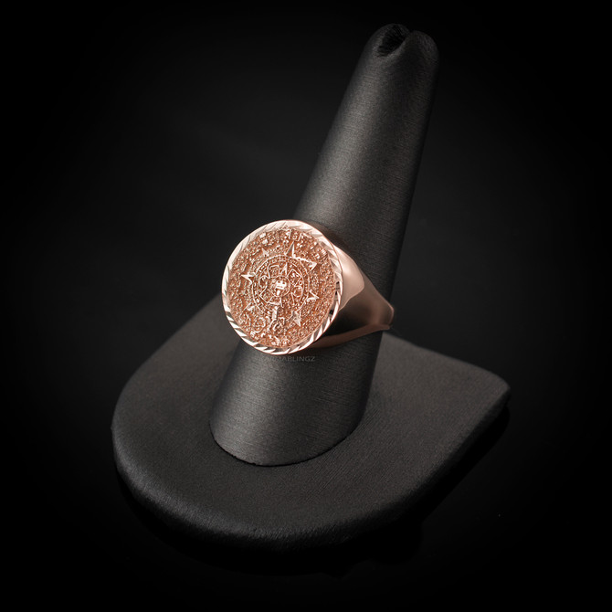 Gold Aztec Mayan Sun Calendar Men's Sparkle-Cut Statement Ring