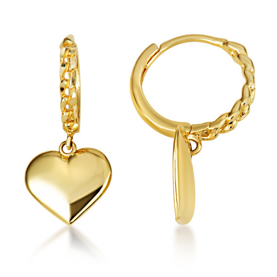 Yellow Gold Heart Shape Love Cuban Link Huggie Earrings