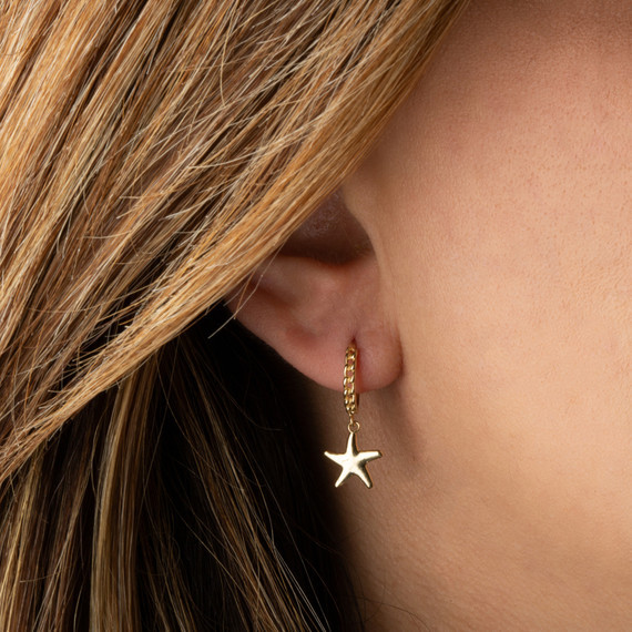 Yellow Gold Sea Starfish Ocean Cuban Link Huggie Earrings
