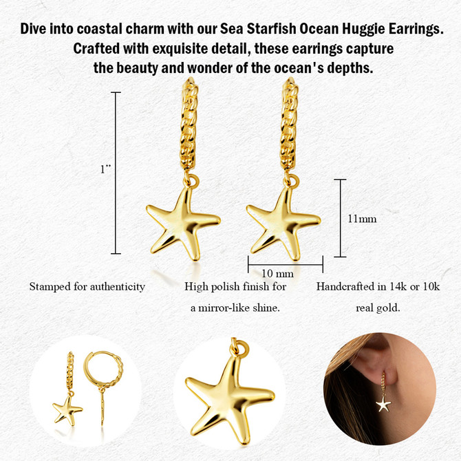 Yellow Gold Sea Starfish Ocean Cuban Link Huggie Earrings