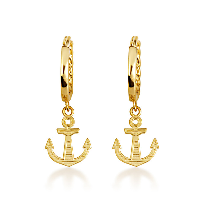 Yellow Gold Nautical Anchor Cuban Link Huggie Earrings
