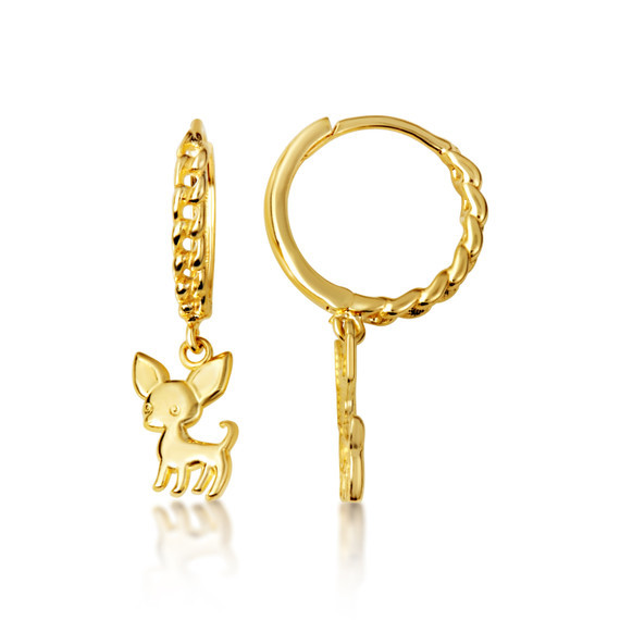 Yellow Gold Chihuahua Pet Dog Cuban Link Huggie Earrings