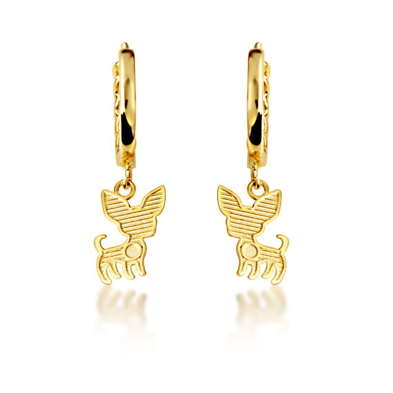 Yellow Gold Chihuahua Pet Dog Cuban Link Huggie Earrings