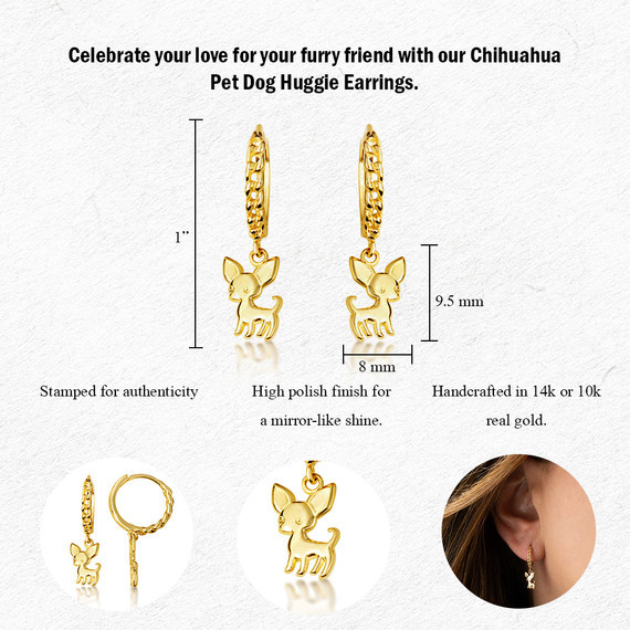 Yellow Gold Chihuahua Pet Dog Cuban Link Huggie Earrings