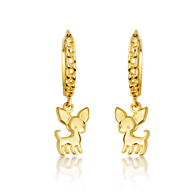 Yellow Gold Chihuahua Pet Dog Cuban Link Huggie Earrings