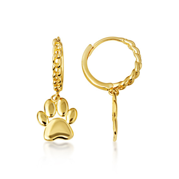 Yellow Gold Pet Dog Paw Print Cuban Link Huggie Earrings
