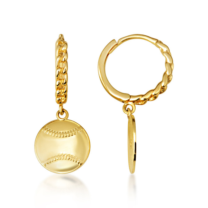 Yellow Gold Baseball Sports Cuban Link Huggie Earrings
